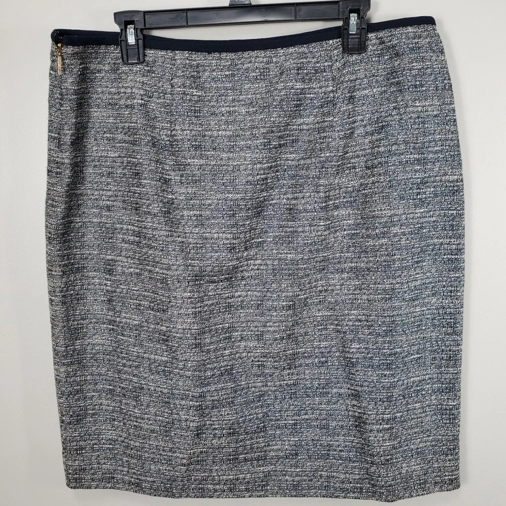 TORY BURCH Faux‎ Wrap Skirt SZ 14 Jacquard Tan Blue Metallic Thread Zip Office